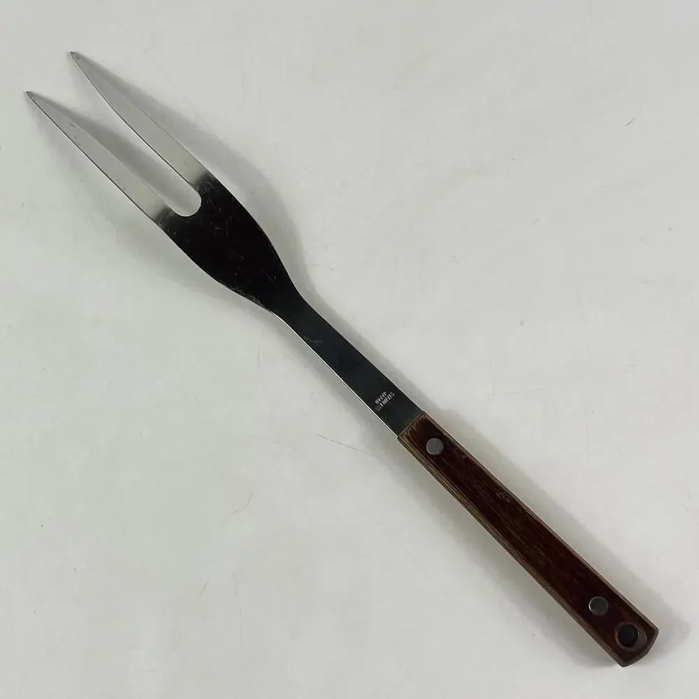 Vintage Stainless Japan Carving Fork Wood Handle Two Prong BBQ Kitchen Utensil